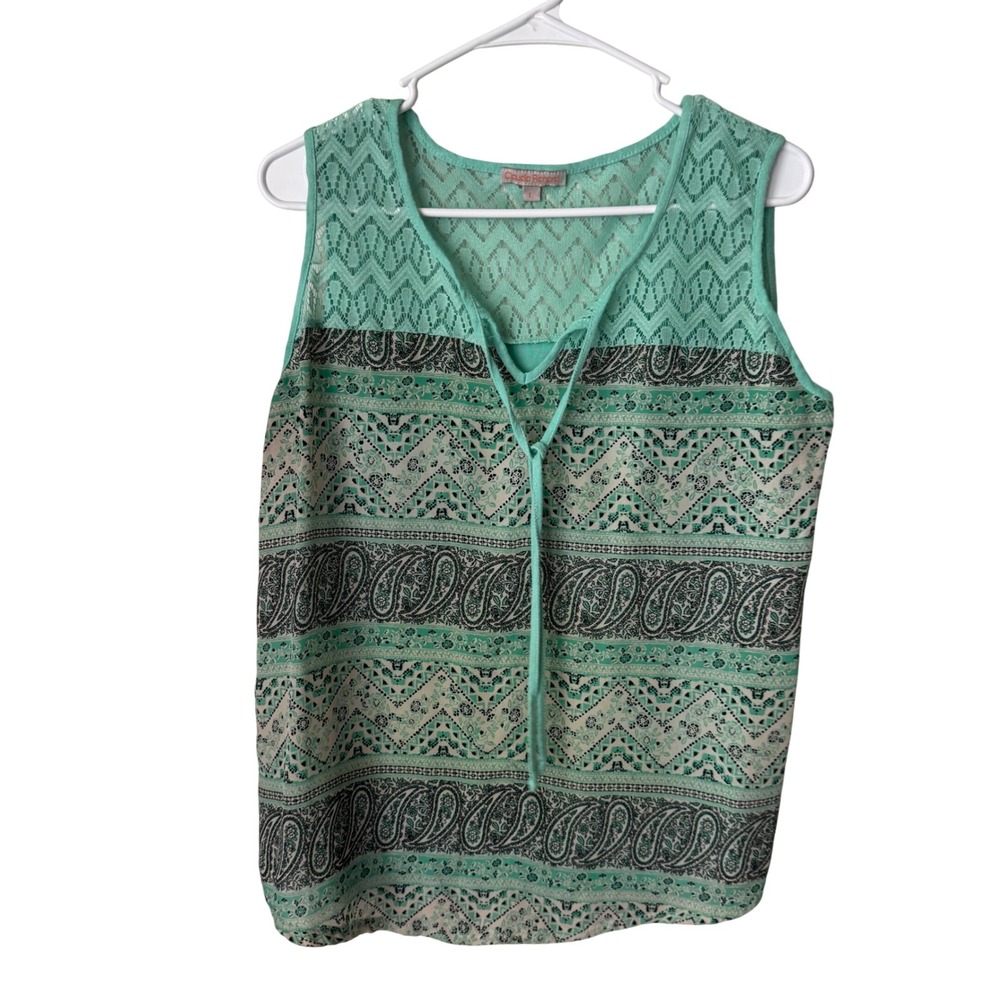 Claudia Richard Womens Mint Green Paisley Lace Yoke Sleeveless Boho Blouse Large